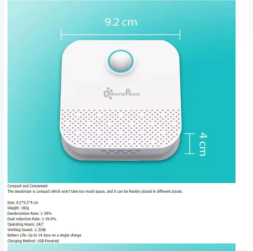 Small white DownyPaws cat odour purifier cube, 9.2cm wide, sitting near a litter box.
