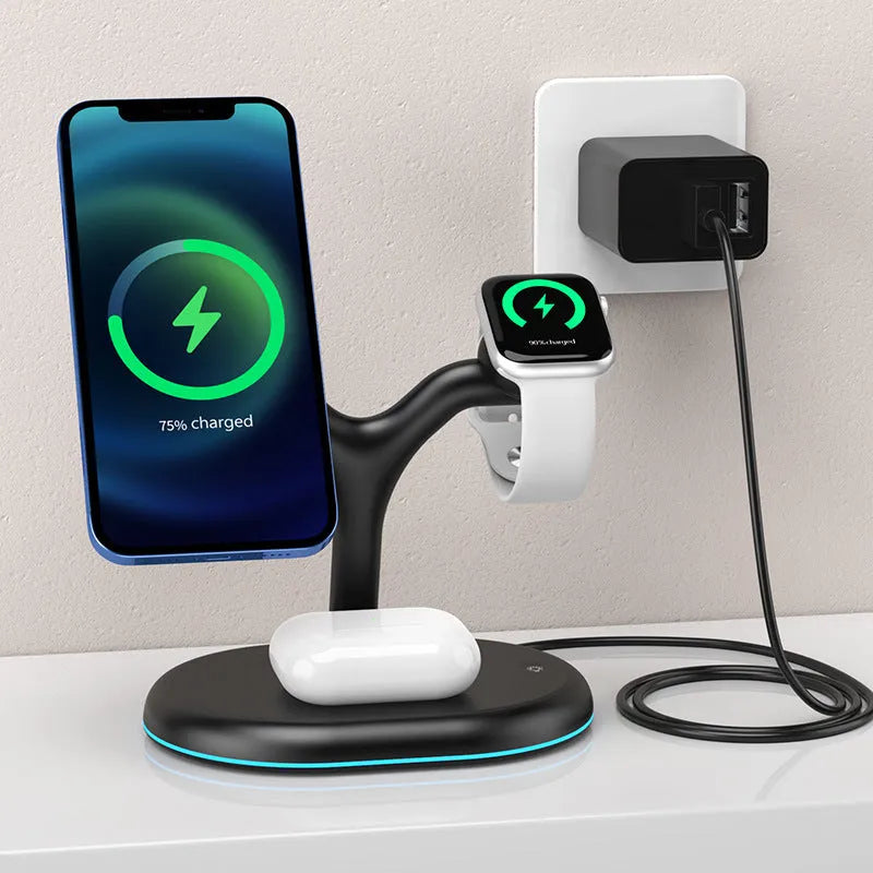 Black magnetic three-in-one wireless charging stand for iPhone Apple Watch and AirPods