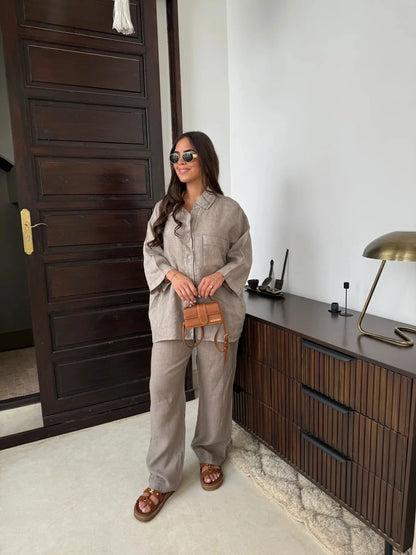 Women's stylish polyester lounge set with wide-leg pants and long-sleeved shirt in various colors