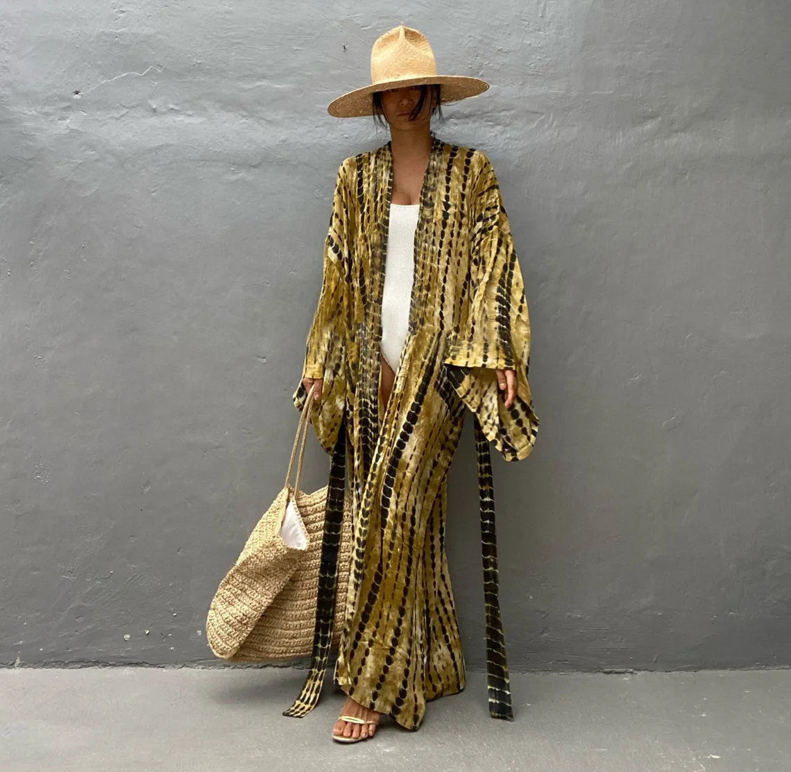 Printed cotton beach cover-up shirt in DN0712 series colours showing loose fit and 135cm length for sun protection