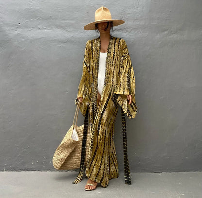 Printed cotton beach cover-up shirt in DN0712 series colours showing loose fit and 135cm length for sun protection
