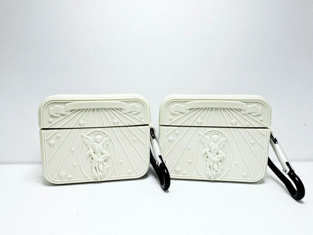 Silicone earphone case for Apple AirPods in white, grey, or red with 3D Angel design