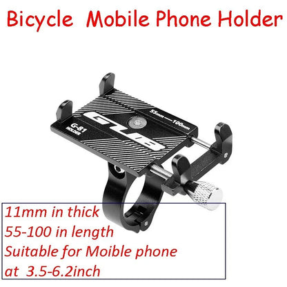 Aluminium alloy bicycle phone holder with 360-degree rotation on black handlebar