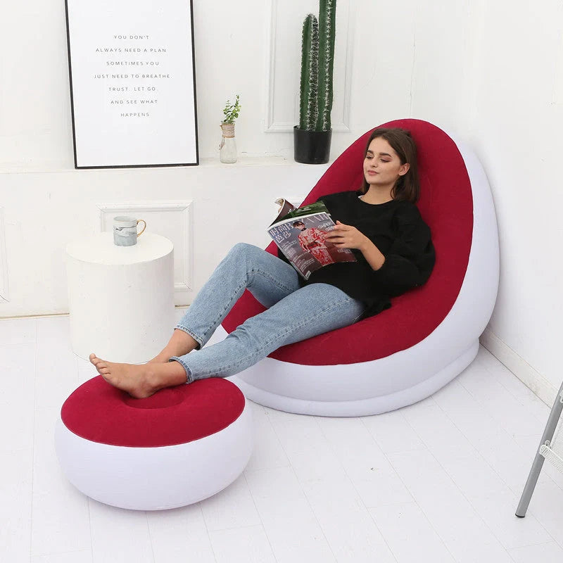 Inflatable Flocking Sofa in various colors, showcasing ergonomic design and portability