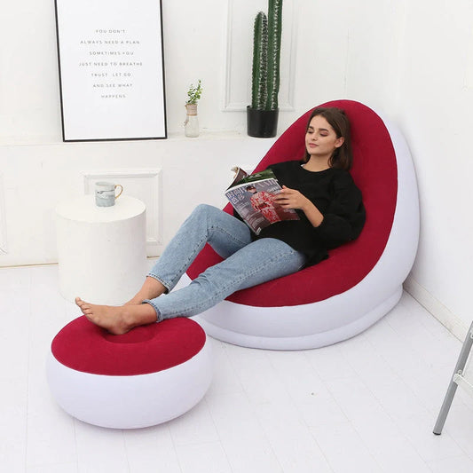 Inflatable Flocking Sofa in various colors, showcasing ergonomic design and portability