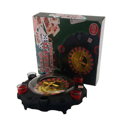Electric casino-style roulette drinking game set with spinning wheel, shot glasses, and steel balls