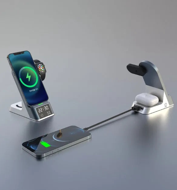 Black multifunctional wireless charging alarm clock with six device charging capability and integrated clock display