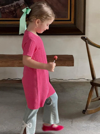 Vintage elastic lace bow bell-bottom pants for children with adjustable hair band belt and 100% cotton denim