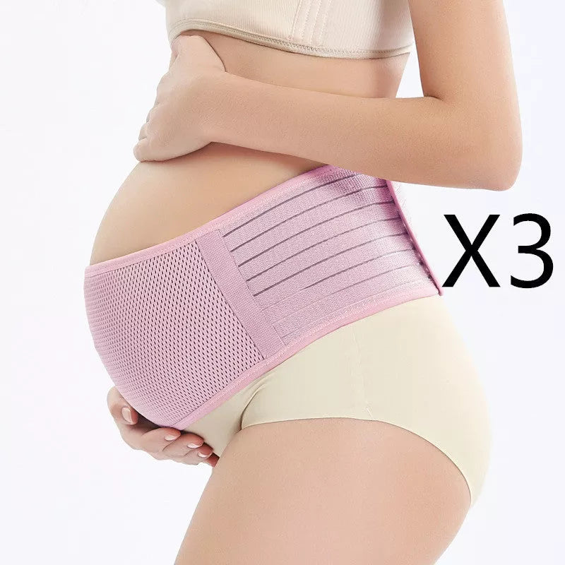 Adjustable mid-pregnancy abdominal support belt in pink, black, brown, and gray