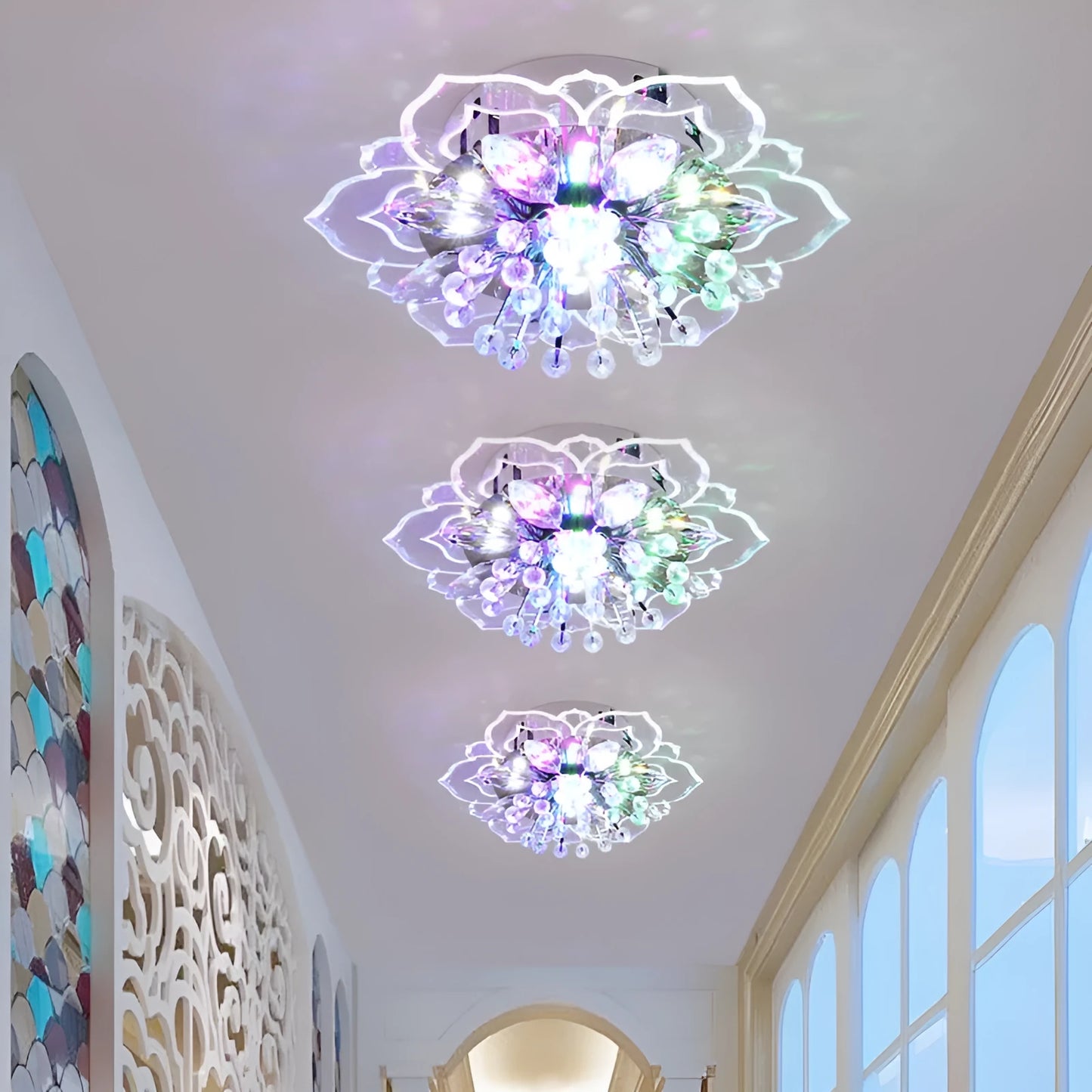 Modern minimalist crystal ceiling lamp with flower-shaped acrylic shade and stainless steel mount