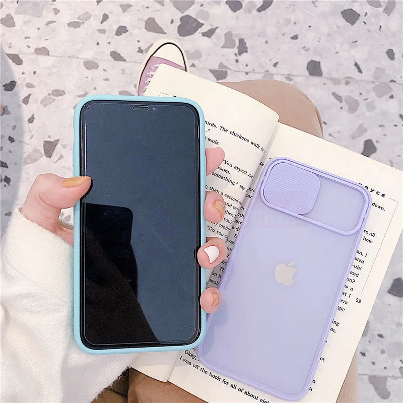 iPhone phone case with frosted frame lens protection, slim silicone shell in black, blue, green, pink, purple, red, yellow for iPhone 6, 6s, 7, 8, X, XS, XR, 11, 12 Mini, SE 2020 models, simple pure colour design