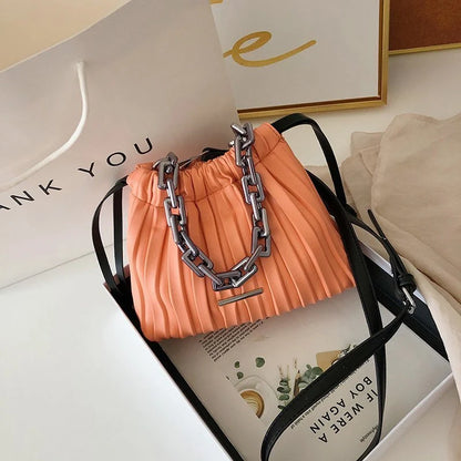 Korean-style women's PU bucket bag with acrylic chain in various colors