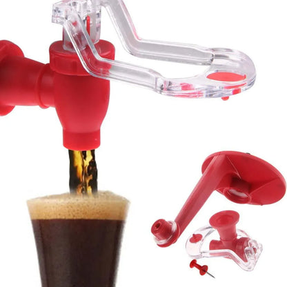 Red plastic soda dispenser attached to inverted 2-litre bottle with push-button mechanism