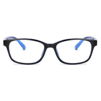 Anti-radiation glasses with PC full frame, flat mirror lenses, unisex anti-blue light design, available in blue, grey, and red.