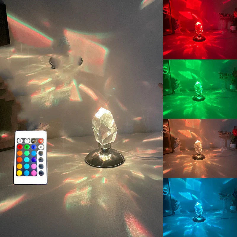 LED Crystal Night Light with remote control and 16 color options on a bedside table