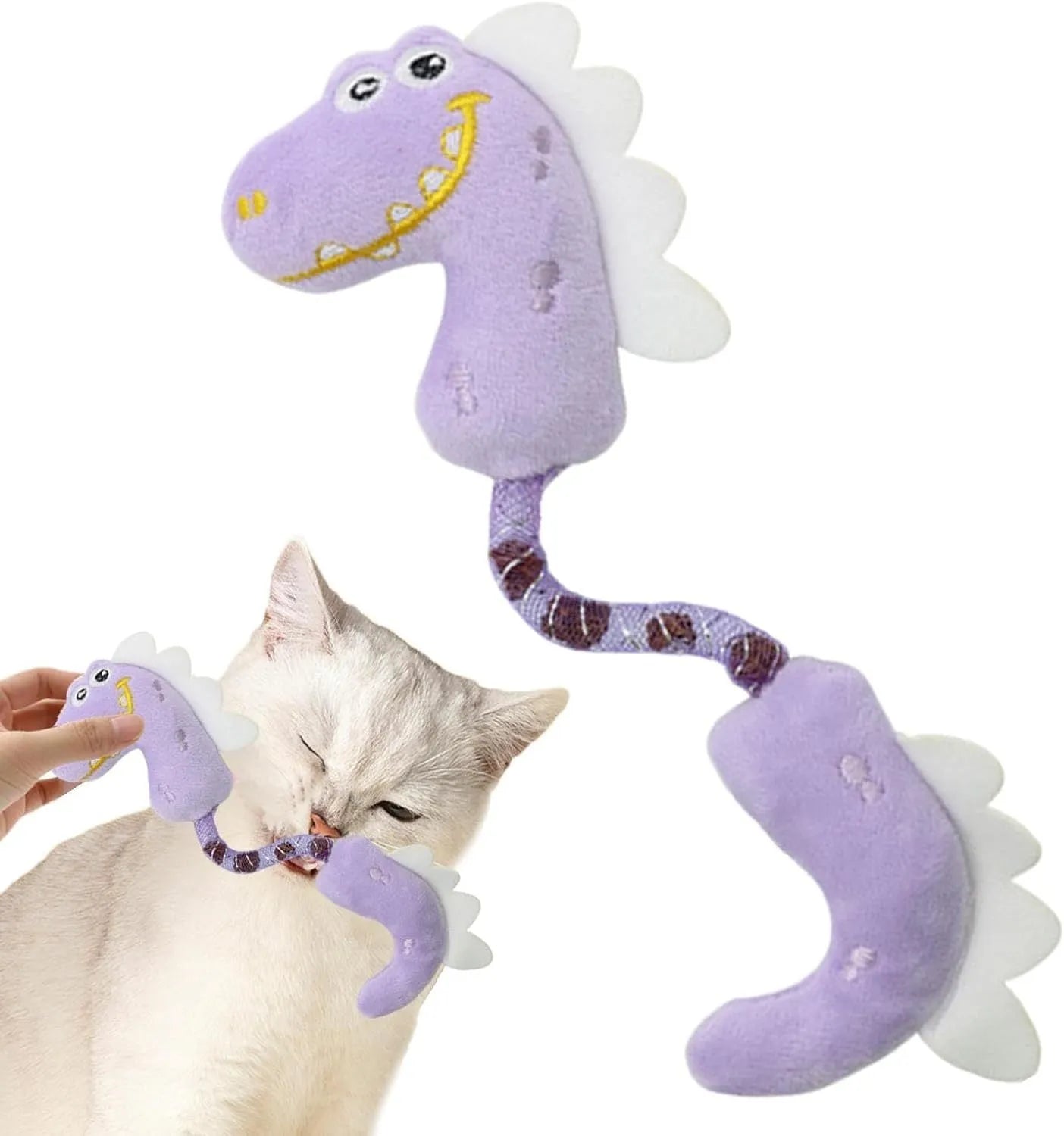 Set of four colourful plush cat toys: a fish, a mouse, a bunny, and a knotted rope, on a neutral background.