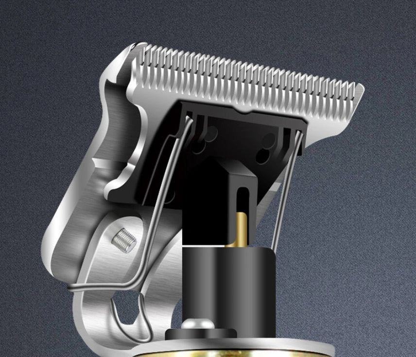 Professional hair clippers with USB charging stand, spare battery, and cleaning tools on salon counter
