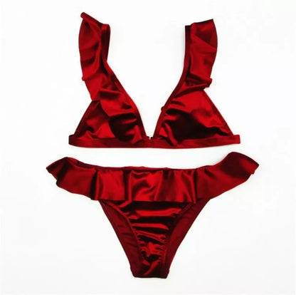 Women's Ice Velvet Ruffle Bikini Set in vibrant colors with comfortable chest pad