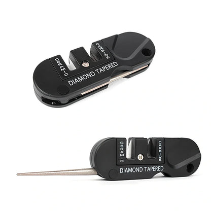 Black Pocket Pal knife sharpener showing carbide blades, ceramic stones, and tapered diamond rod on 3.5-inch compact unit