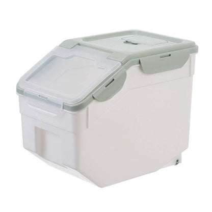 Large capacity moistureproof food storage container with wheels in blue, beige, or green