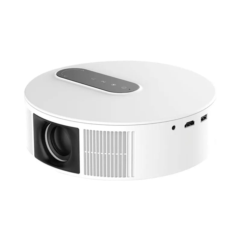 White HD smart home cinema projector with remote control on a wooden surface.