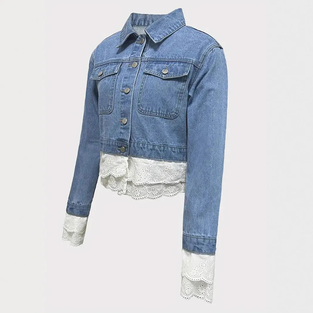 Blue denim jacket for women with decorative lace stitching detail on the front, long sleeves.