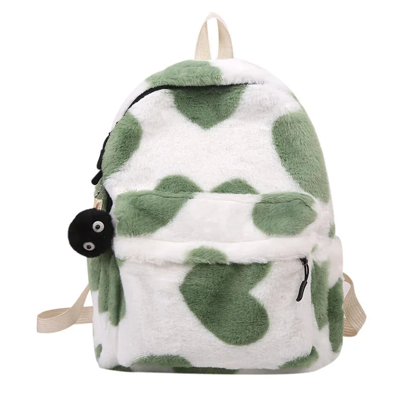 Furry plush backpack with heart pattern and three-dimensional outer pocket in khaki, green, black, pink or briquette