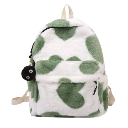 Furry plush backpack with heart pattern and three-dimensional outer pocket in khaki, green, black, pink or briquette
