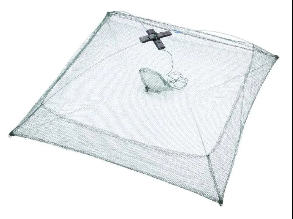 Green nylon pull-out fishing net, 60 x 60cm, compact fishing tackle for bait collection and pond fishing.