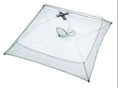 Green nylon pull-out fishing net, 60 x 60cm, compact fishing tackle for bait collection and pond fishing.