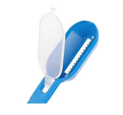 Black ABS fish scale remover scraper with stainless steel blade, 20 cm long, including scale slot and hanging hole for kitchen use