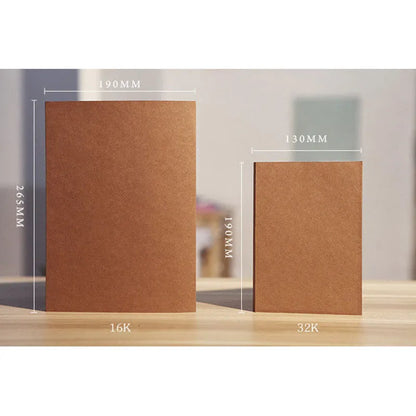 Brown kraft paper sketchbook open flat showing 132 pages, with 32K and 16K size options displayed.