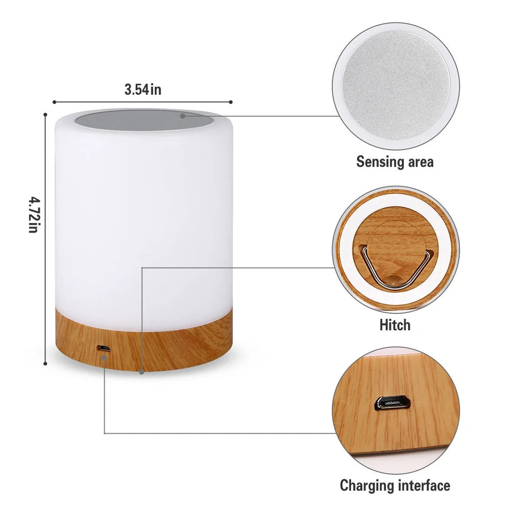 Wood grain finish LED night light showing touch control interface and compact 95mm by 120mm dimensions