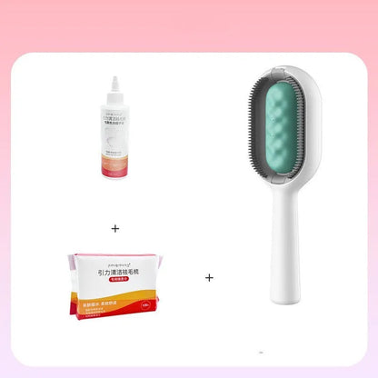 Large blue silicone-bristle dog comb with a bottle of cleansing essence