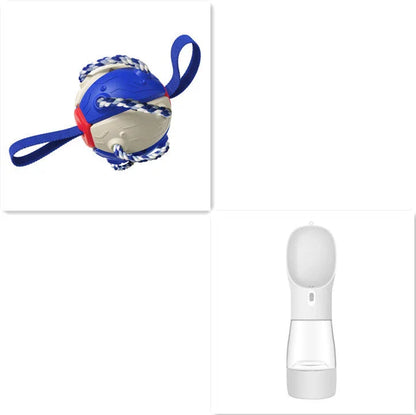 Transforming dog toy that can switch between a ball and frisbee shape, featuring durable construction and interactive play features