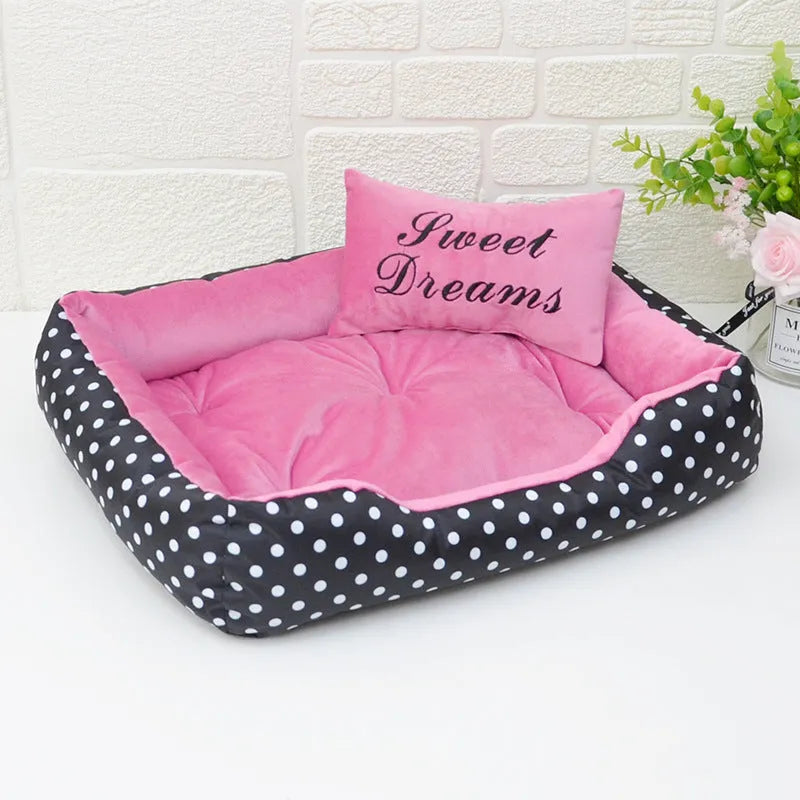 Polka dot printed dog bed with matching square pillow in rose red, lake blue, pink, or grey colours