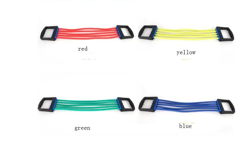 Rubber Rally chest dilator arm muscle trainer with spring resistance, shown in black, blue, green, red, and yellow.