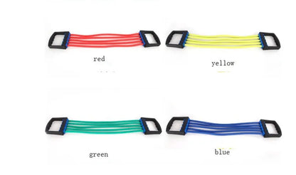 Rubber Rally chest dilator arm muscle trainer with spring resistance, shown in black, blue, green, red, and yellow.
