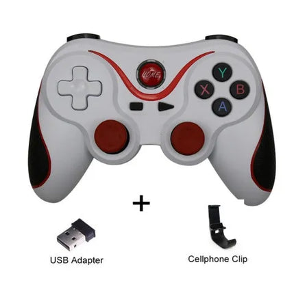 Upgraded X3 Bluetooth wireless game controller with mobile phone clip attached, showing textured grips and button layout