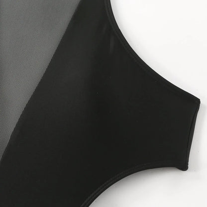 Black women's one-piece swimsuit showing nude back and hollow-out strap design.