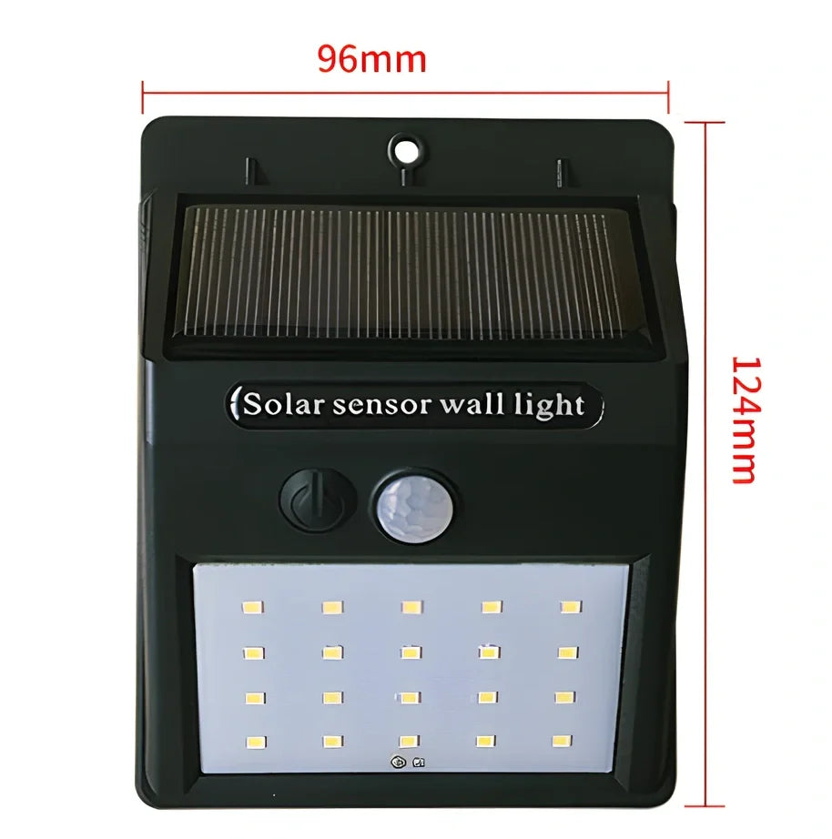 Solar sensor light in black ABS plastic with 20 LEDs and infrared motion detection, package 130x102x55mm