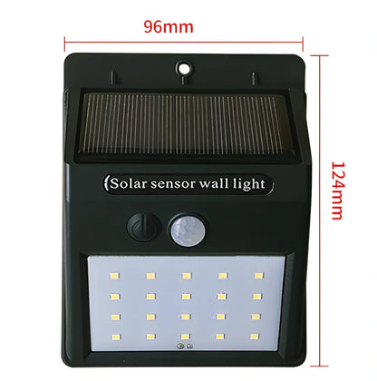Solar sensor light in black ABS plastic with 20 LEDs and infrared motion detection, package 130x102x55mm