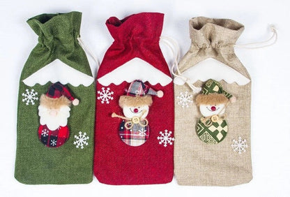 Festive Christmas wine bottle socks in vibrant colors, perfect for holiday decor