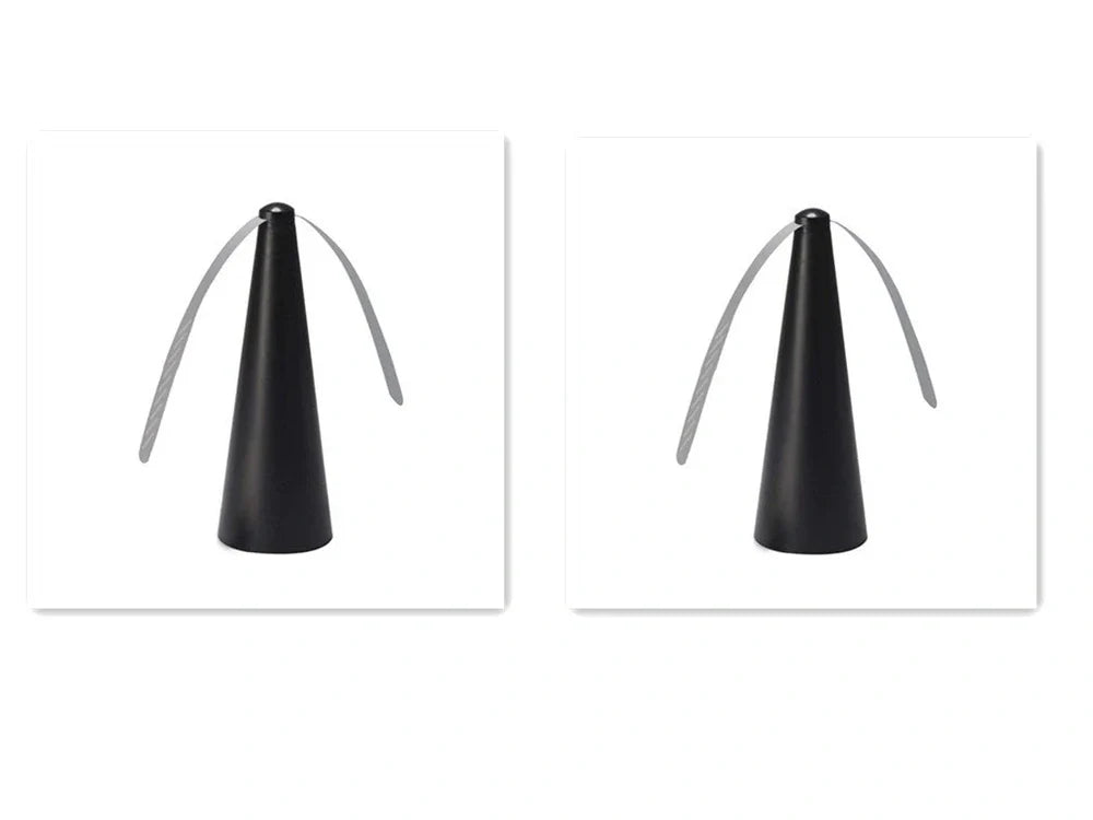 Black fly repellent fan measuring 8.2x8.2x24cm with USB cable for insect protection during meals