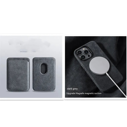 Suede magnetic wireless charger phone case for iPhone with card bag, dark green, back cover