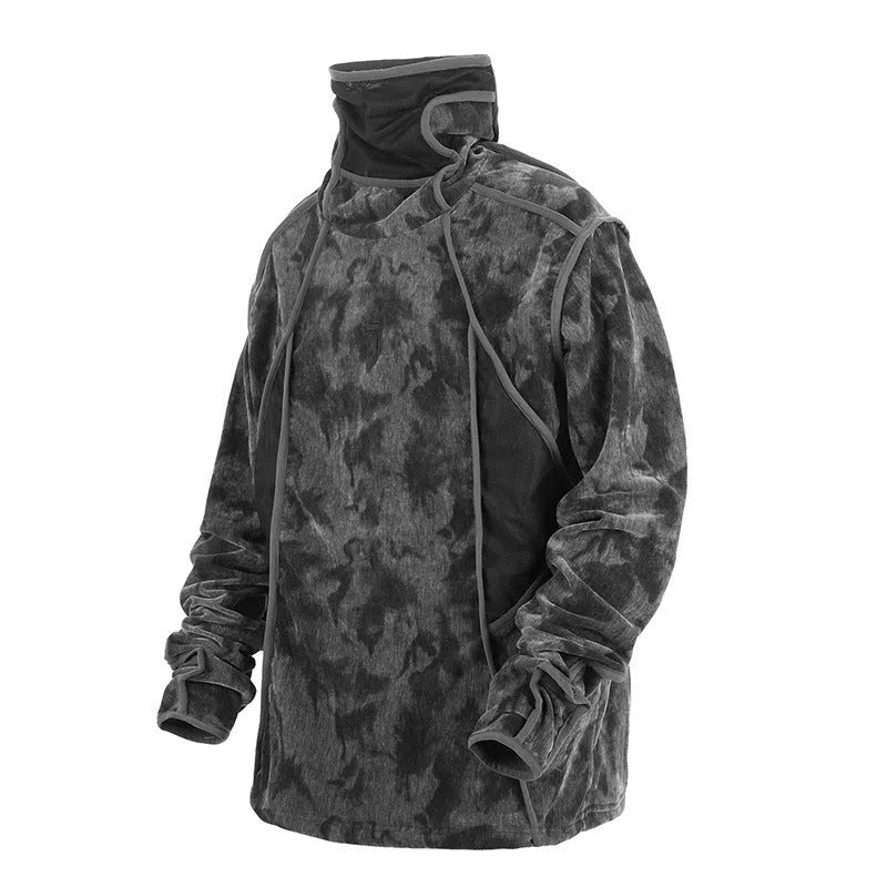 Men's black tie-dye finger turtleneck sweater with drop-shoulder sleeves and full print pattern