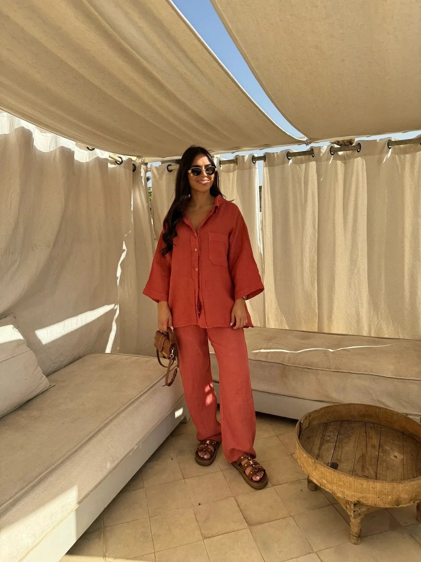 Women's stylish polyester lounge set with wide-leg pants and long-sleeved shirt in various colors