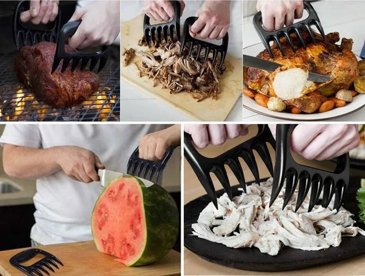 Two black bear claw meat shredders with decorative handles on a kitchen surface.