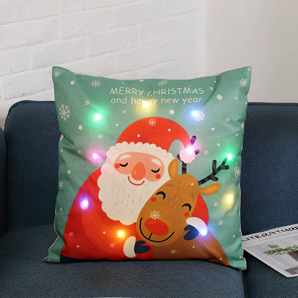 45cm square Christmas cushion with linen cover and battery-operated lighting showing festive design