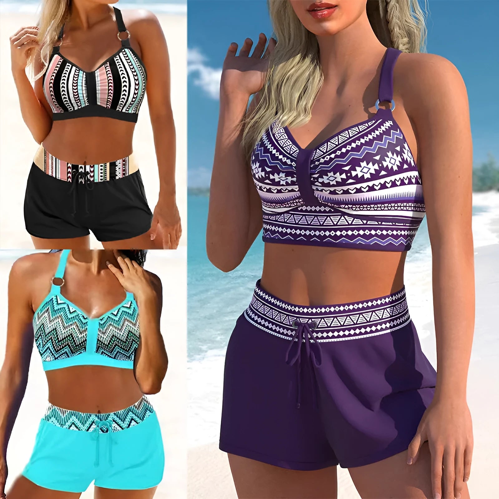 Women's two-piece swimsuit in polyester with bikini design in navy blue or print colours